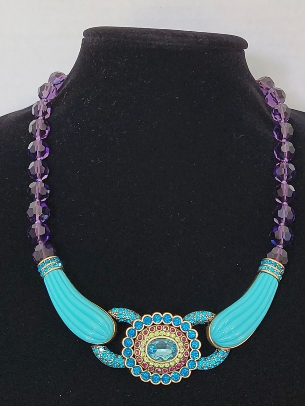 Heidi Daus COLLECTORS EDITION Turquoise & Purple Statement Necklace Gold Accents